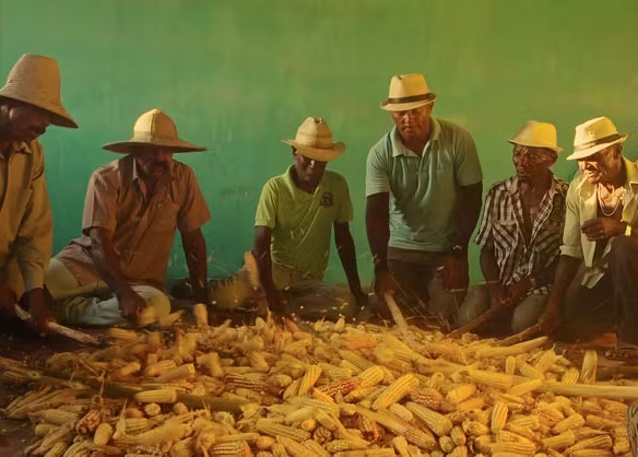 A group of people, all wearing woven hats, surround a large pile of ears of corn. 