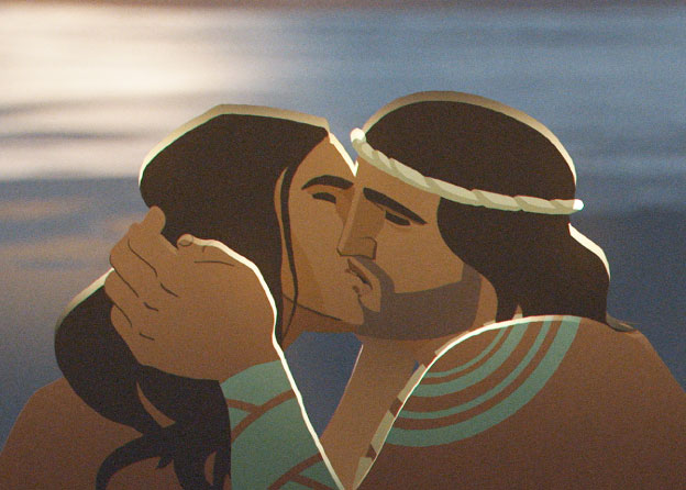 Two animated characters both with long, dark hair embrace in a kiss. 