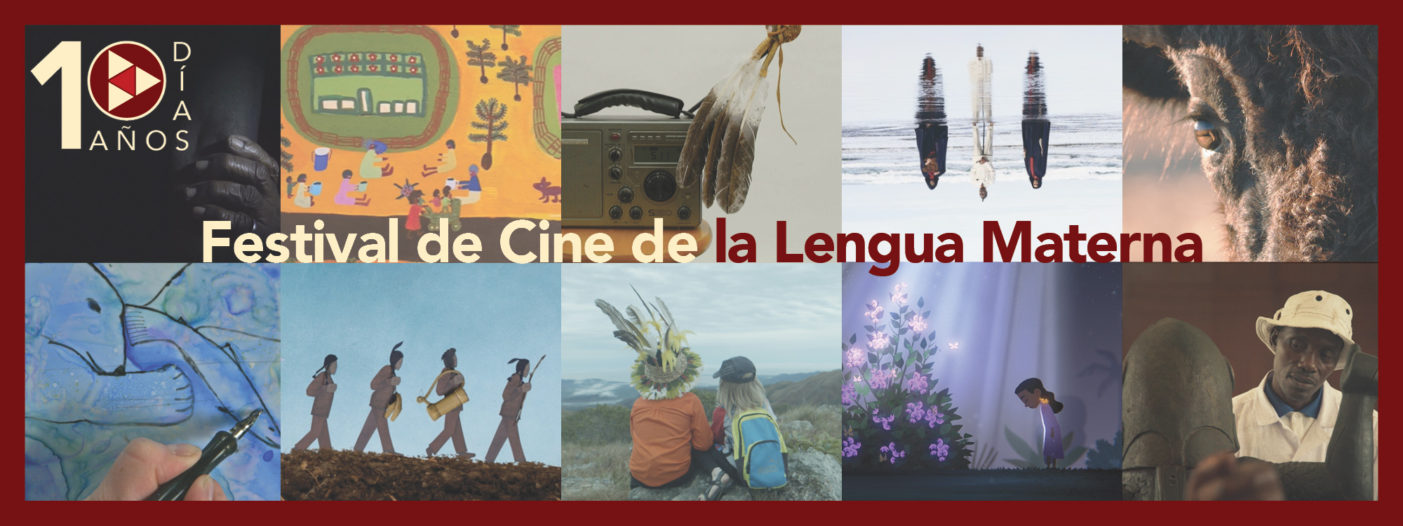 Banner with ten film stills and text: Mother Tongue Film Festival, plus the tenth anniversary logo, 10 Years / Days.