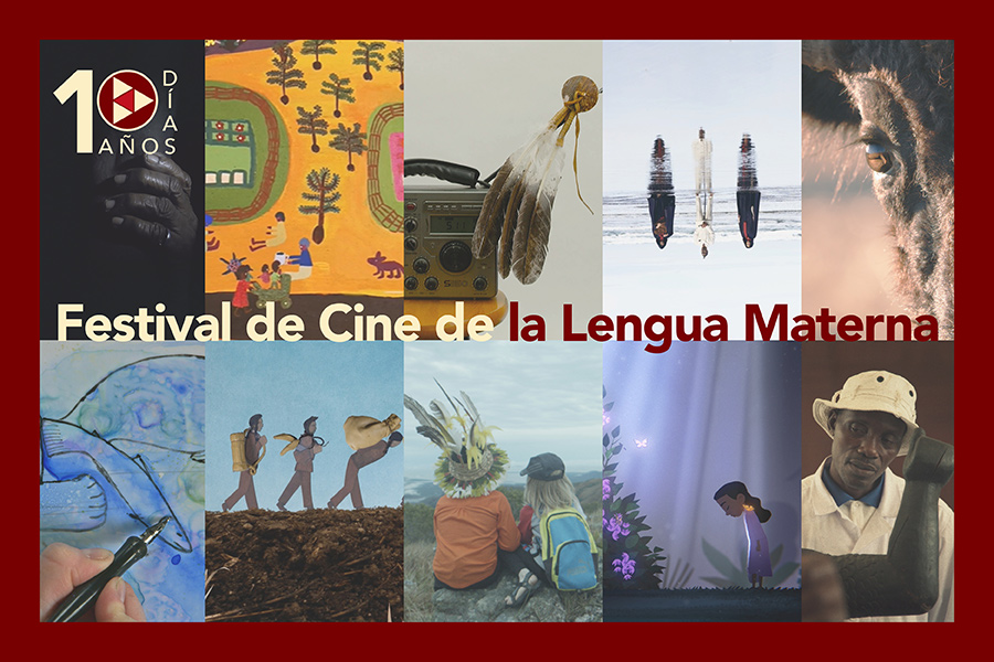 Banner with ten film stills and text: Mother Tongue Film Festival, plus the tenth anniversary logo, 10 Years / Days.