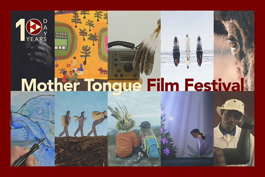 Banner with ten film stills and text: Mother Tongue Film Festival, plus the tenth anniversary logo, 10 Years / Days.