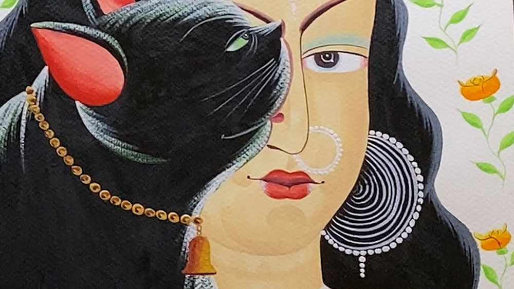 Painting of a woman with a black cat.
