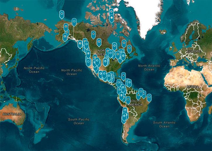 World map with several clickable points on the Americas.